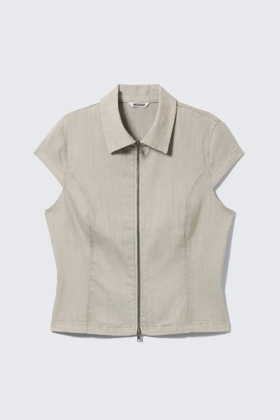 Fitted Short-Sleeved Zip Top – Beige Fitted Short-Sleeved Zip Top – Beige