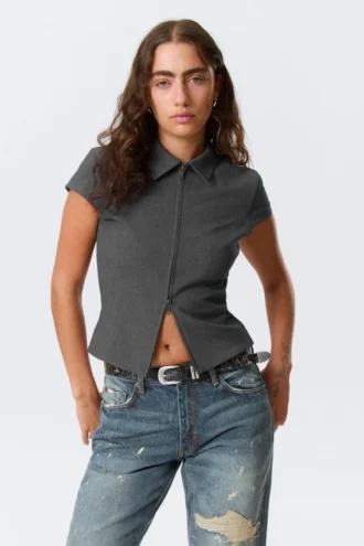 Fitted Short-Sleeved Zip Top – Dark Grey Melange
