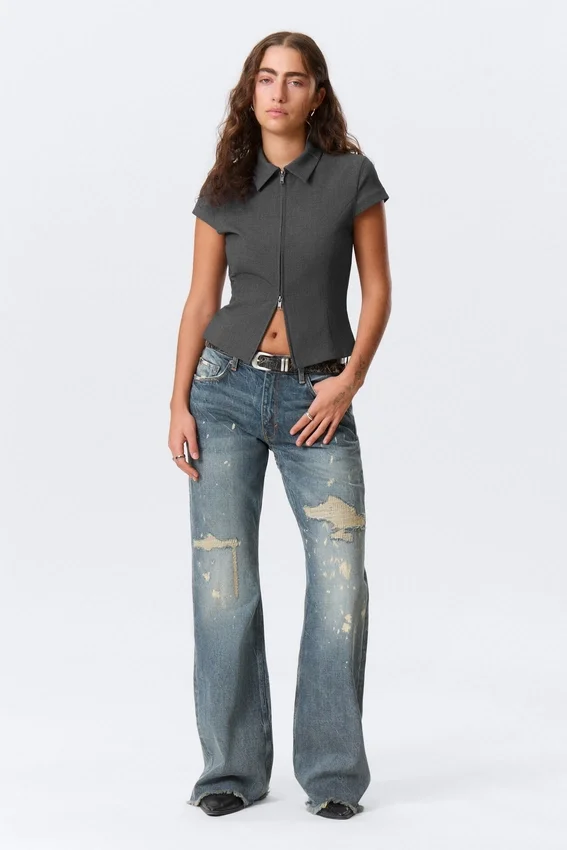 Fitted Short-Sleeved Zip Top – Dark Grey Melange Fitted Short-Sleeved Zip Top – Dark Grey Melange