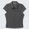 Fitted Short-Sleeved Zip Top – Dark Grey Melange Fitted Short-Sleeved Zip Top – Dark Grey Melange