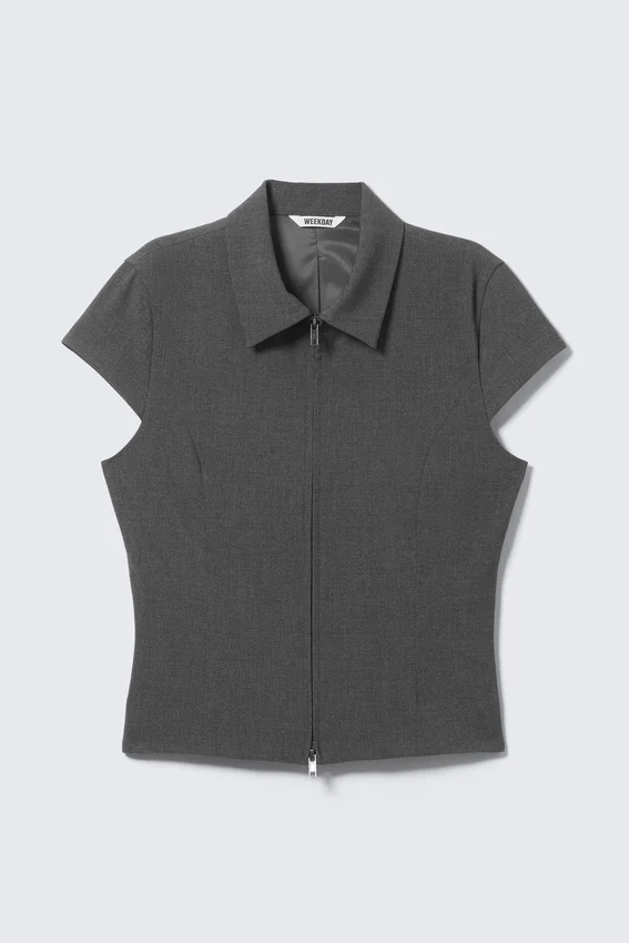 Fitted Short-Sleeved Zip Top – Dark Grey Melange Fitted Short-Sleeved Zip Top – Dark Grey Melange