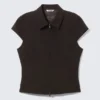 Fitted Short-Sleeved Zip Top – Striped Black Fitted Short-Sleeved Zip Top – Striped Black