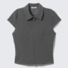 Fitted Short-Sleeved Zip Top – Striped Grey Fitted Short-Sleeved Zip Top – Striped Grey