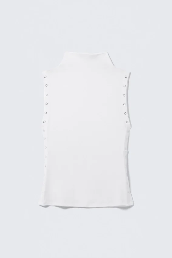 Fitted Snap-Button Mock-Neck Top – White Fitted Snap-Button Mock-Neck Top – White