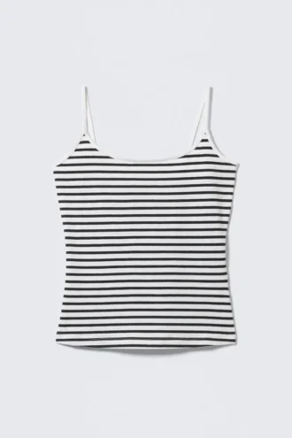 Fitted Strappy Scoop Neck Singlet – Black & White Stripe