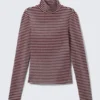 Fitted Striped Turtleneck Top – Grey & Red Stripes Fitted Striped Turtleneck Top – Grey & Red Stripes