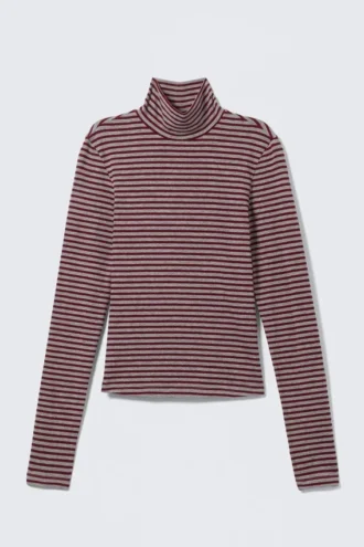 Fitted Striped Turtleneck Top – Grey & Red Stripes