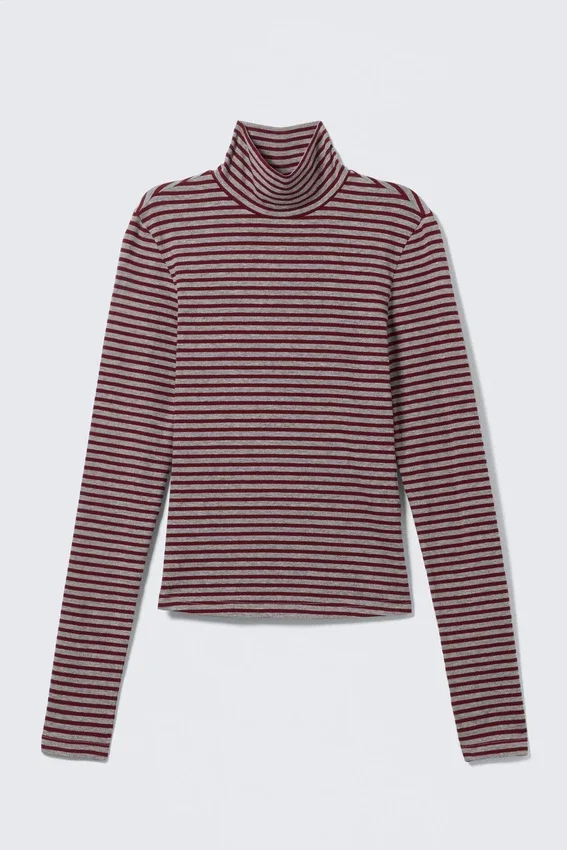 Fitted Striped Turtleneck Top – Grey & Red Stripes Fitted Striped Turtleneck Top – Grey & Red Stripes