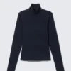 Fitted Striped Turtleneck Top – Striped Dark Blue Fitted Striped Turtleneck Top – Striped Dark Blue