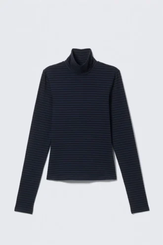 Fitted Striped Turtleneck Top – Striped Dark Blue