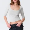 Fitted Three-Quarter Sleeve Top – Grey Melange Fitted Three-Quarter Sleeve Top – Grey Melange