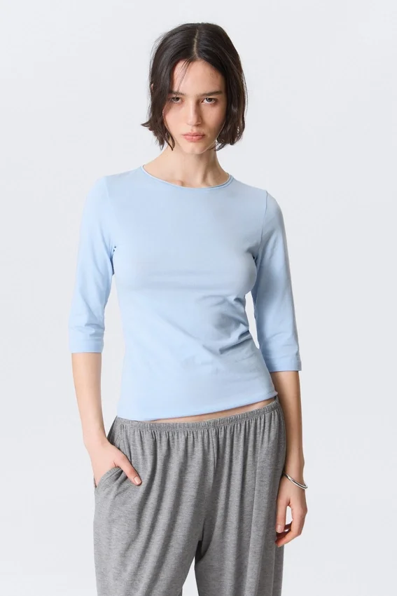 Fitted Three-Quarter Sleeve Top – Light Blue Fitted Three-Quarter Sleeve Top – Light Blue