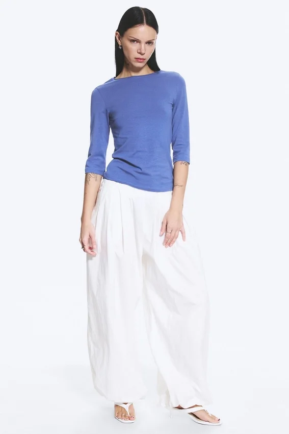 Fitted Three-Quarter Sleeve Top – Medium Blue Fitted Three-Quarter Sleeve Top – Medium Blue