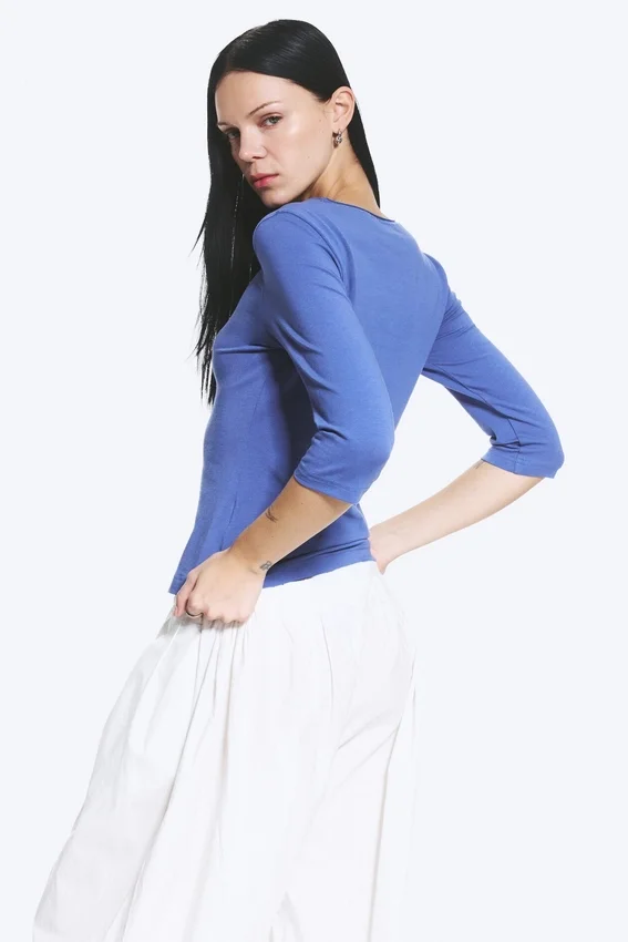Fitted Three-Quarter Sleeve Top – Medium Blue Fitted Three-Quarter Sleeve Top – Medium Blue