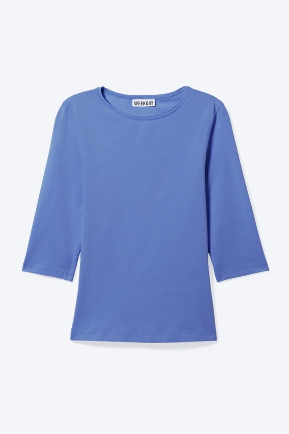 Fitted Three-Quarter Sleeve Top – Medium Blue Fitted Three-Quarter Sleeve Top – Medium Blue