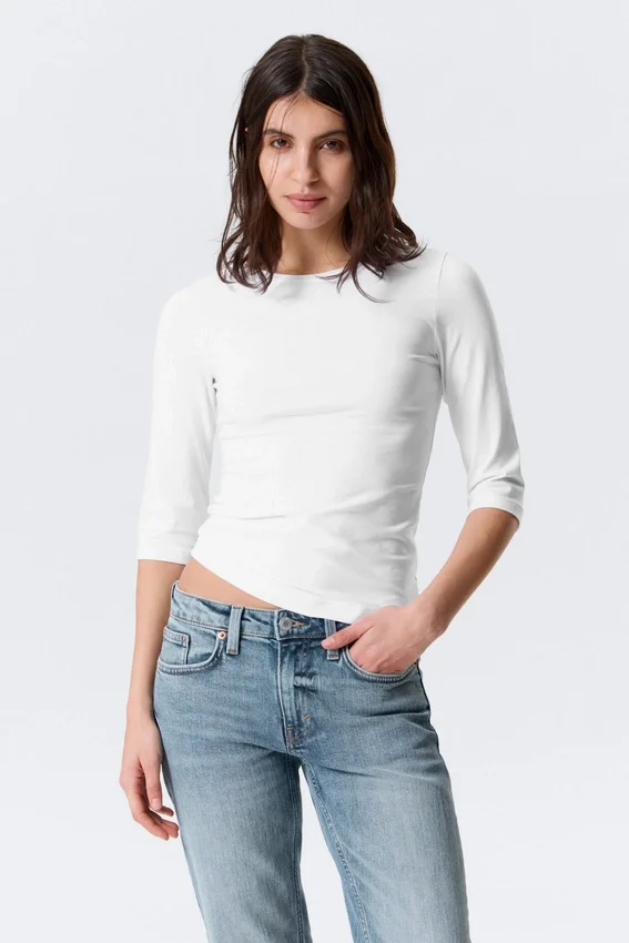 Fitted Three-Quarter Sleeve Top – White Fitted Three-Quarter Sleeve Top – White