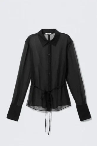 Fitted Tie-Back Sheer Shirt – Black