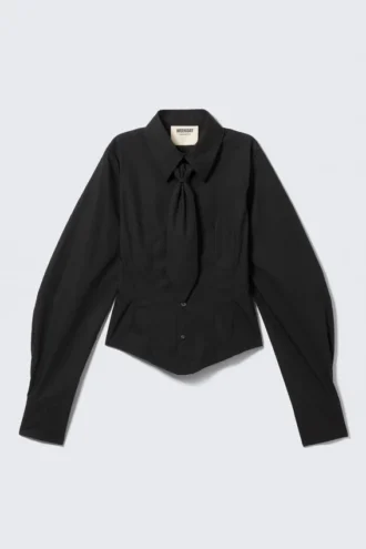 Fitted Tie Detail Poplin Shirt – Black