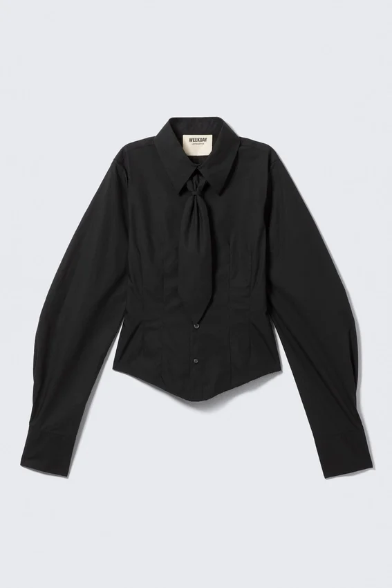 Fitted Tie Detail Poplin Shirt – Black Fitted Tie Detail Poplin Shirt – Black