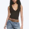 Fitted V-Neck Sleeveless Top – Dark Brown