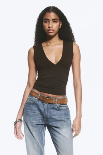 Fitted V-Neck Sleeveless Top – Dark Brown