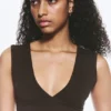 Fitted V-Neck Sleeveless Top – Dark Brown