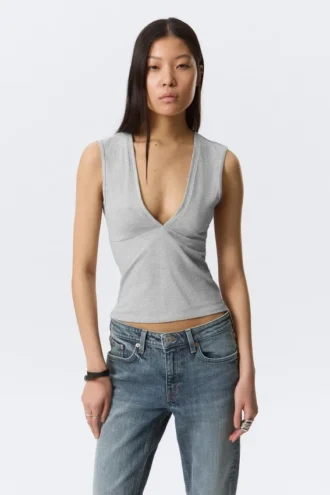 Fitted V-Neck Sleeveless Top – Light Grey Melange