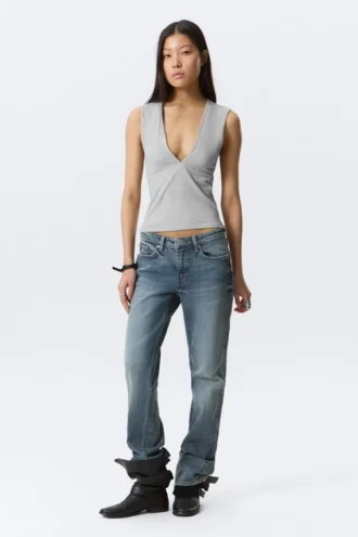 Fitted V-Neck Sleeveless Top – Light Grey Melange
