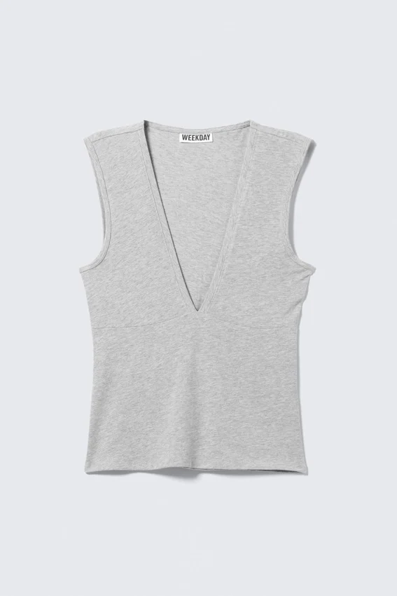 Fitted V-Neck Sleeveless Top – Light Grey Melange Fitted V-Neck Sleeveless Top – Light Grey Melange