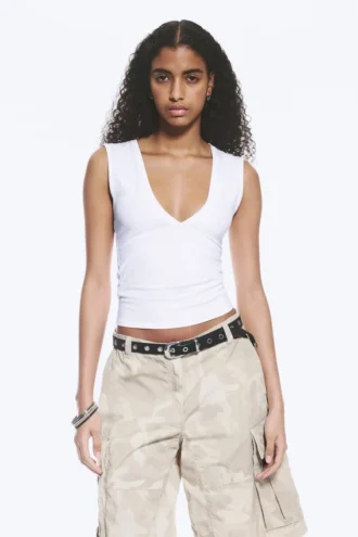 Fitted V-Neck Sleeveless Top – White