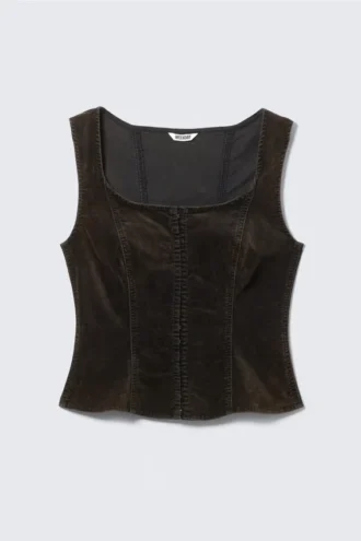 Fitted Washed Velvet Hook-And-Eye Top – Dark Brown