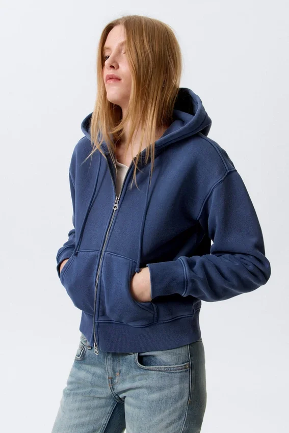 Fitted Zip Hoodie – Washed Dark Blue Fitted Zip Hoodie – Washed Dark Blue