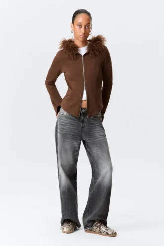 Fitted Zip Hoodie with Faux-Fur Trim – Brown