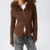 Fitted Zip Hoodie with Faux-Fur Trim – Brown Fitted Zip Hoodie with Faux-Fur Trim – Brown
