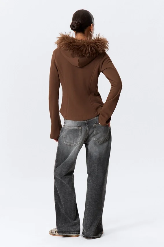 Fitted Zip Hoodie with Faux-Fur Trim – Brown Fitted Zip Hoodie with Faux-Fur Trim – Brown