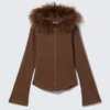 Fitted Zip Hoodie with Faux-Fur Trim – Brown Fitted Zip Hoodie with Faux-Fur Trim – Brown