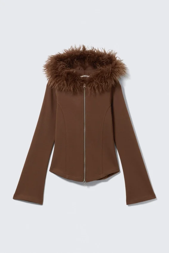 Fitted Zip Hoodie with Faux-Fur Trim – Brown Fitted Zip Hoodie with Faux-Fur Trim – Brown