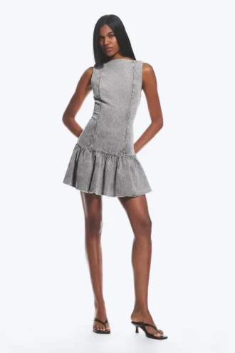 Flared Boat-Neck Mini Twill Dress – Washed Grey