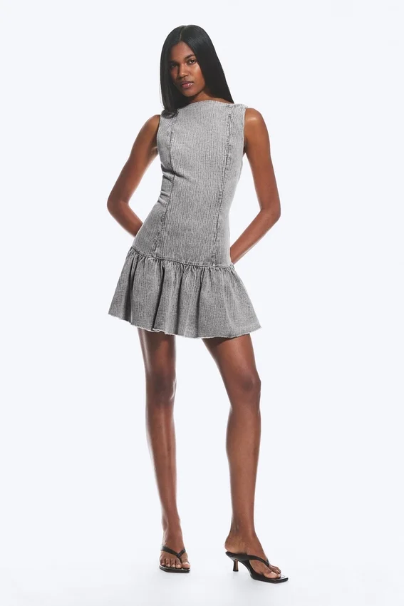 Flared Boat-Neck Mini Twill Dress – Washed Grey Flared Boat-Neck Mini Twill Dress – Washed Grey