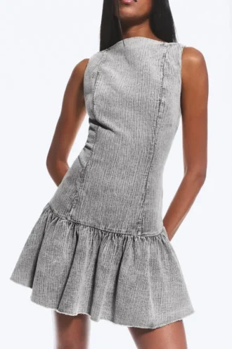 Flared Boat-Neck Mini Twill Dress – Washed Grey