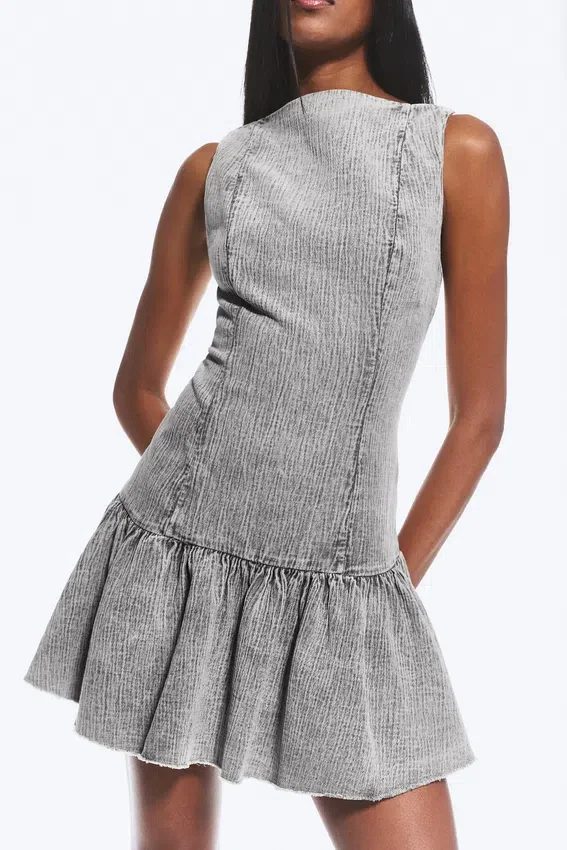 Flared Boat-Neck Mini Twill Dress – Washed Grey Flared Boat-Neck Mini Twill Dress – Washed Grey