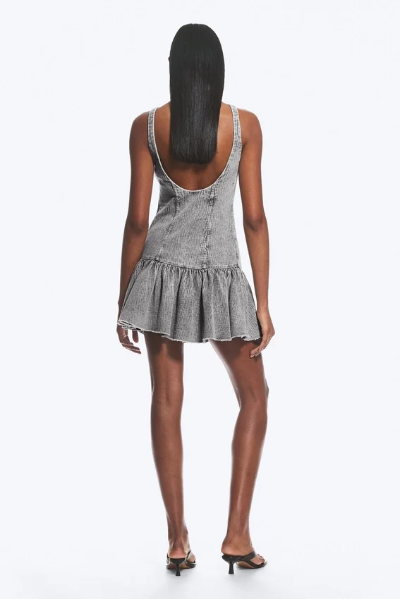 Flared Boat-Neck Mini Twill Dress – Washed Grey Flared Boat-Neck Mini Twill Dress – Washed Grey