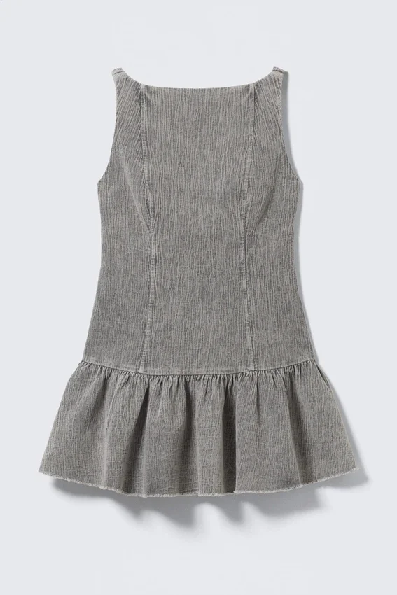 Flared Boat-Neck Mini Twill Dress – Washed Grey Flared Boat-Neck Mini Twill Dress – Washed Grey