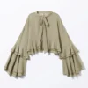 Flared Frill-Sleeved Tie-Neck Blouse – Khaki Green Flared Frill-Sleeved Tie-Neck Blouse – Khaki Green