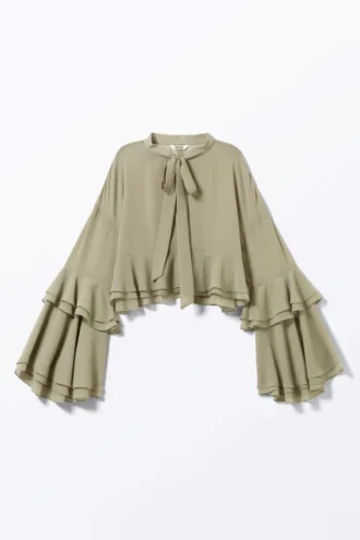 Flared Frill-Sleeved Tie-Neck Blouse – Khaki Green