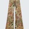 Flared Printed Mesh Trousers – Brown & Green – Floral Dots Flared Printed Mesh Trousers – Brown & Green – Floral Dots