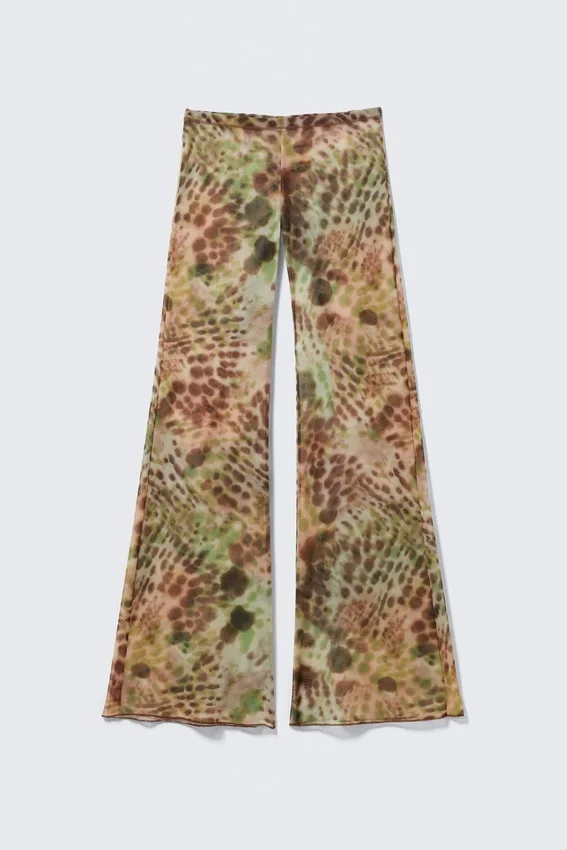 Flared Printed Mesh Trousers – Brown & Green – Floral Dots Flared Printed Mesh Trousers – Brown & Green – Floral Dots