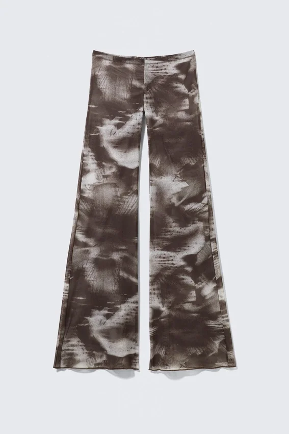 Flared Printed Mesh Trousers – Dark Brown – Blurry Floral Flared Printed Mesh Trousers – Dark Brown – Blurry Floral