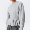 Flounced Hem Knitted Sweater – Grey Melange Flounced Hem Knitted Sweater – Grey Melange