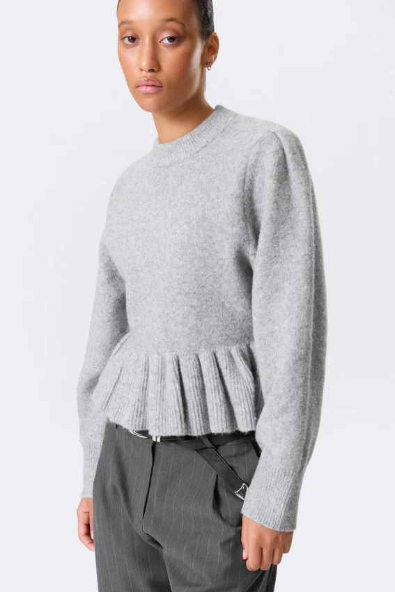 Flounced Hem Knitted Sweater – Grey Melange Flounced Hem Knitted Sweater – Grey Melange